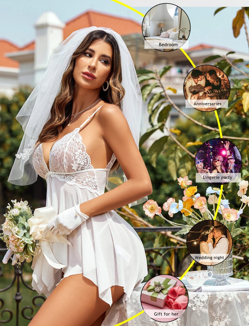 Avidlove Wedding Lingerie for Women Lace Babydoll Strap Chemise Sleepwear Honeymoon Nightwear White - Image 5